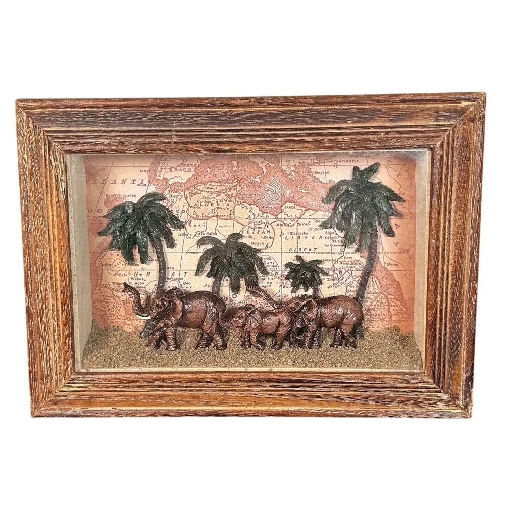 Shadow Box Diorama Elephant Family Palm Trees Vintage Map African Wall Art Decor